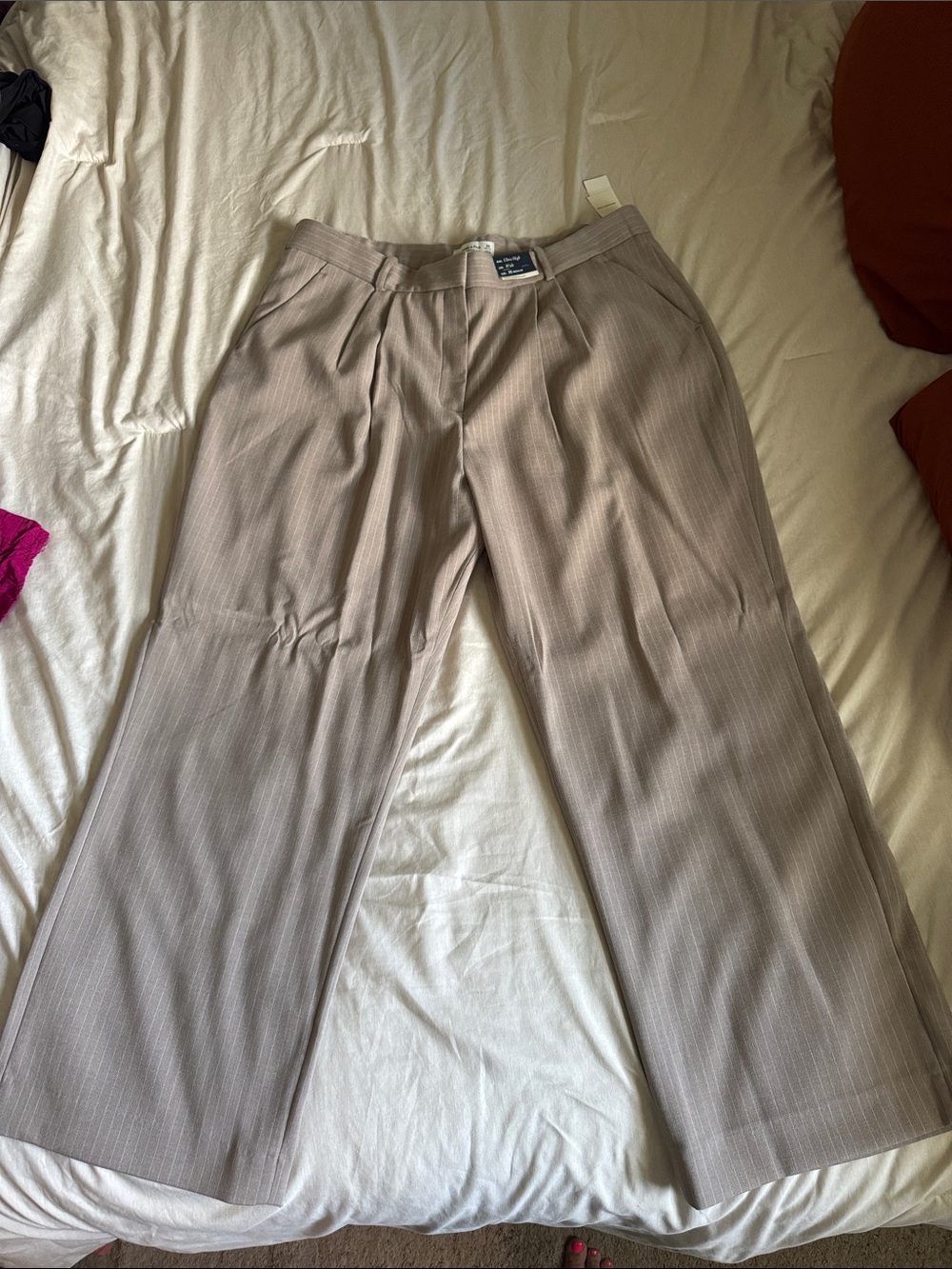 Abercrombie & Fitch Wide-Leg Pinstripe Pants in Taupe